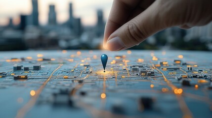 Poster - A close up view of a bright blue pinpoint marker on a detailed digital map of a bustling city skyline highlighting a specific location or point of interest