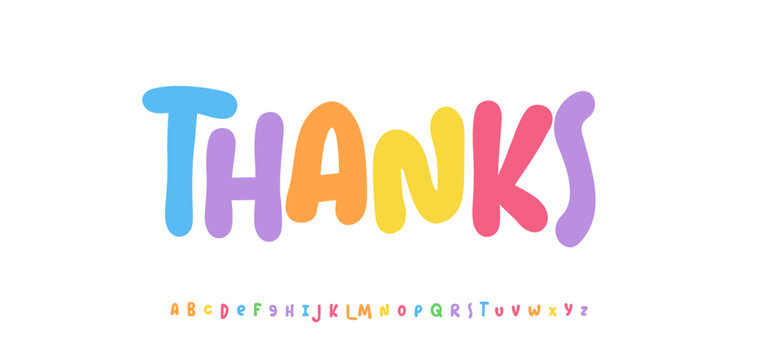 Thanks word, Fun playful thank you message for children, cards, posters, prints. Cheerful colorful bubble style typographic design. Vector illustration.