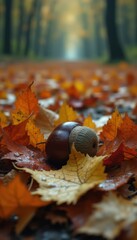 Poster - Autumn Acorn in Fallen Leaves on Forest Ground