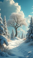 Poster - Tranquil Winter Landscape: Snow-Covered Path Leading to a Majestic Tree Under a Cloudy Sky