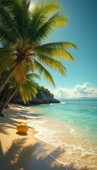 Poster - Tropical beach paradise with turquoise water, palm trees and a playful yellow ball resting on the golden sand