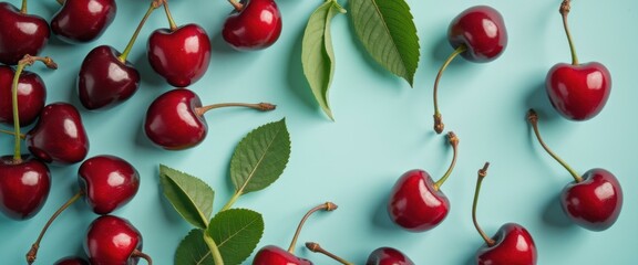 Aufkleber - Fresh Ripe Cherries and Green Leaves on a Light Blue Background - Sweet Summer Fruit Still Life
