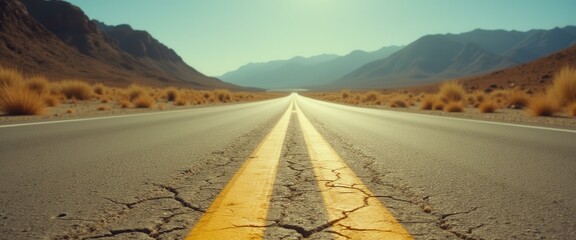 Poster - Endlessly stretched road with mountains on the horizon under the clear sky in arid land