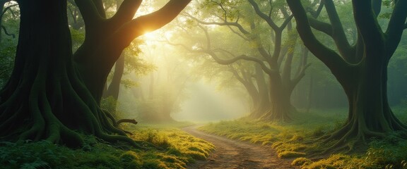 Poster - Enchanted Forest Path: Misty Morning Sunlight Illuminating Mossy Trees along a Serene Trail