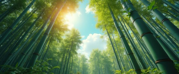 Poster - Towering green bamboo stalks rise to meet the sky in a dense forest, bathed in sunlight. Lush foliage and a sense of serenity fill the air.