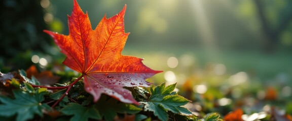 Aufkleber - Radiant Red Maple Leaf Adorned with Dew Drops, Resting on Lush Green Foliage in Autumn's Soft Sunlight