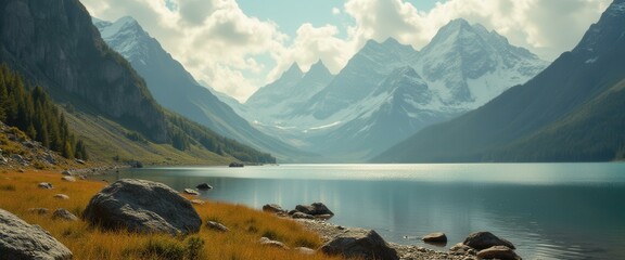 Poster - Serene alpine lake nestled amid snow-capped mountains, with rocky shore and golden grasses under a partly cloudy sky.