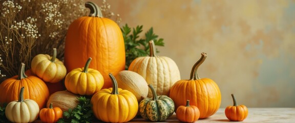 Poster - Fall Harvest Bounty: A Colorful Array of Pumpkins and Gourds on Rustic Surface