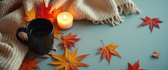Poster - Cozy Autumn Still Life: Black Mug, Candlelight, and Colorful Maple Leaves on a Blue Surface