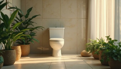 Leinwandbilder - Bright Bathroom Oasis: Stylish Toilet Surrounded by Lush Green Plants in a Modern Interior Design