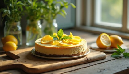 Poster - Lemon Cheesecake Dessert with Mint on Wooden Table in Natural Light