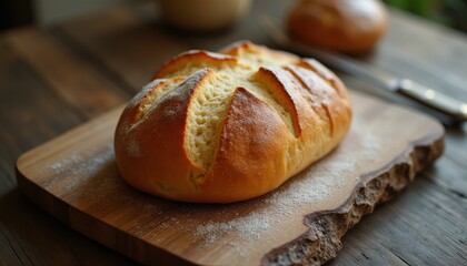 Poster - Freshly Baked Loaf on Rustic Wooden Board: Golden Crust, Soft Interior, Culinary Still Life