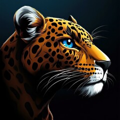 Poster - Illustration of a Vibrant Leopard Portrait with Detailed Fur and Striking Blue Eye, set against a Dark Background