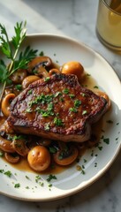 Aufkleber - Exquisite Steak Dish with Mushrooms and Parsley Garnish on Elegant Plate - Gourmet Cuisine