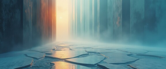 Poster - Enigmatic Passage Through Ice and Stone: A Mystical Journey Towards Radiant Light in an Abstract Landscape