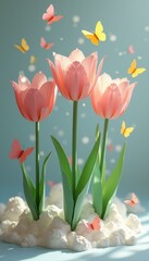 Poster - Pastel Tulips and Butterflies in a Dreamy Spring Scene - Floral Still Life with Delicate Details