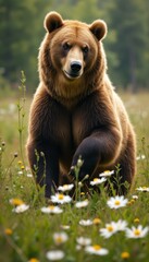 Poster - A majestic grizzly bear standing tall in a meadow of blooming daisies, exuding power and natural beauty