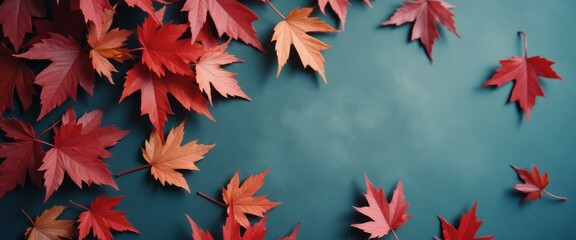 Poster - Autumn leaves artfully arranged on dark green background