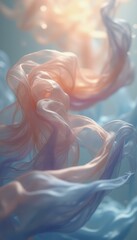 Poster - Abstract ethereal fabric flow in pastel peach, blue, and lavender creates a dreamy atmosphere