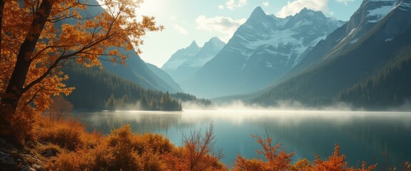 Poster - Serene mountain lake panorama with autumn foliage, distant snow-capped peaks, and morning mist rising over the water surface