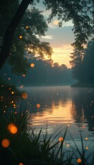 Poster - Ethereal Lake at Sunset: Misty Waters, Golden Reflections, and Firefly-like Lights, creating a Dreamlike Natural Scene