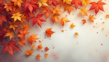 Poster - Vibrant Autumn: Japanese Maple Leaves in Red, Orange, and Yellow on Soft White Background