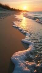 Poster - Serene Beach at Sunset with Gentle Waves and Golden Reflections