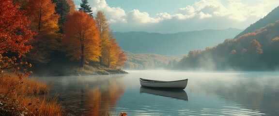 Poster - Serene Autumn Lake Scene with a Canoe Reflected in the Calm Water Surrounded by Colorful Trees