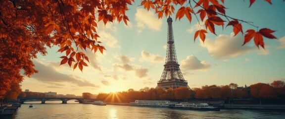 Poster - Scenic Autumn View of a Tower with River and Leaves at Sunset