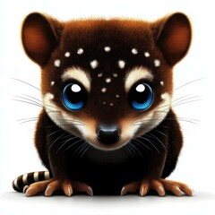 Poster - Adorable quoll with big blue eyes peers from a white background, showcasing its plush brown fur and distinctive white spots