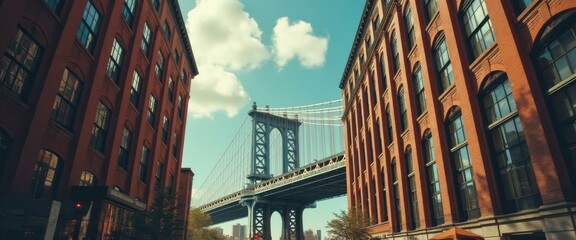 Aufkleber - Low-angle view of a landmark suspension bridge between tall brick buildings on a sunny day