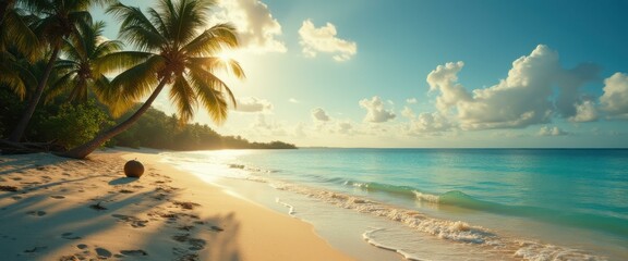 Poster - Tropical beach paradise with palm trees and turquoise water under a bright blue sky, a coconut lies on the golden sand under the t