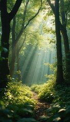 Poster - Sunlight streams through a lush forest path, creating an ethereal natural scene