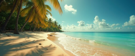 Poster - Tranquil tropical beach scene featuring golden sand, turquoise water, palm trees, and fluffy white clouds against a bright blue sky