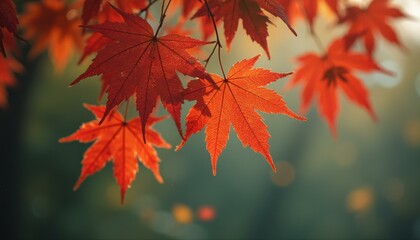 Poster - Radiant red Japanese maple leaves shimmer with sunlight against a serene, blurred green backdrop.