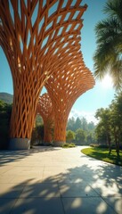 Aufkleber - Architectural Wooden Structure in Park with Sunny Sky and Trees