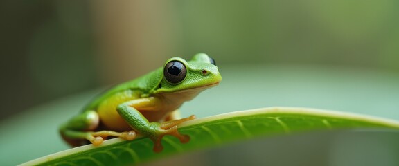 Poster - Vibrant green tree frog perched attentively on a lush leaf, its big eyes gazing forward in a natural habitat setting