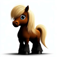 Leinwandbilder - Cartoon horse stands with long blonde mane and shaggy hooves against plain white background.