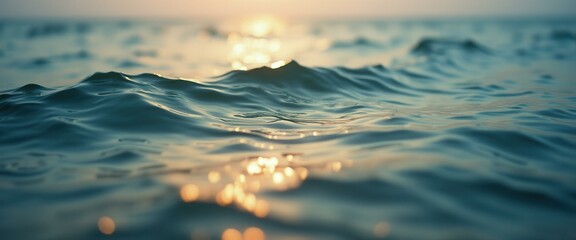 Aufkleber - Tranquil teal water surface with sun reflections creating soft, shimmering bokeh effects across gentle waves at sunset