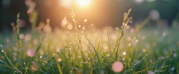 Poster - Dew-kissed grass glistens in the warm glow of sunrise, promising a fresh and invigorating start to the day