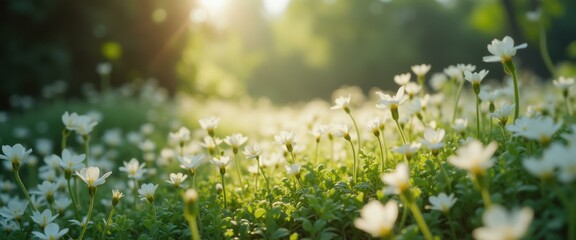 Aufkleber - Meadow of white wildflowers in soft sunlight creates a serene, peaceful setting, with greenery and trees in the background, evokin