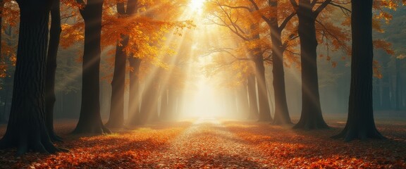 Poster - Autumnal Forest Path with Golden Sunlight Streaming Through Trees, Creating a Mystical Ambiance