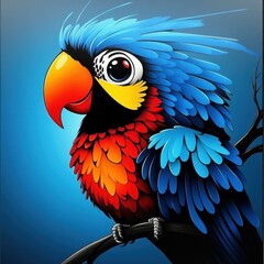 Poster - Colorful Cartoon Parrot Illustration Sitting on a Branch with Bright Blue Feathers, Orange Beak, and Artistic Styling