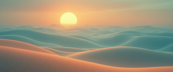 Poster - Serene sand dunes at sunset, glowing with warm orange and cool blue hues under a soft yellow sun.