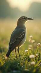 Aufkleber - Elegant Tawny Bird Perched in Grassy Field during Golden Hour Sunlight