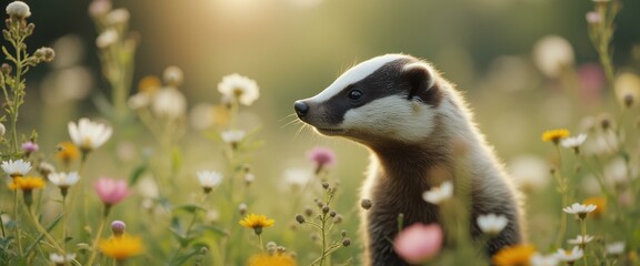 Poster - badger posing elegantly amidst a vibrant field of wildflowers in warm golden hour sunlight
