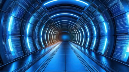 Fototapete - Futuristic Neon Tunnel with Blue Lights and Sleek Metallic Design