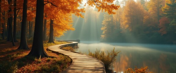 Poster - Serene Autumn Lake Scene with Wooden Path and Misty Sunlight through Orange Trees - Tranquil Nature Landscape