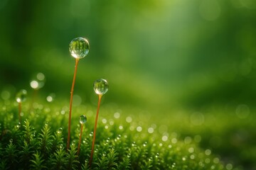 Poster - Dew Drops on Green Moss with Soft Focus Background in Nature