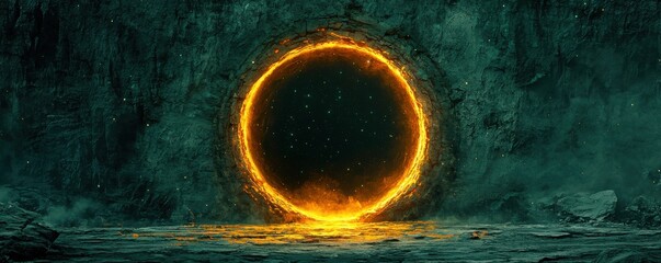 Poster - Magical portal with glowing orange ring in dark mystical cave